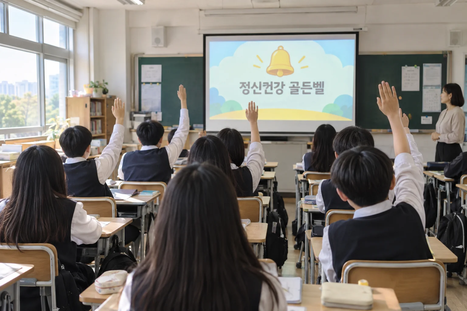 교실에서 중학생들이 마음건강 퀴즈에 참여하는 모습