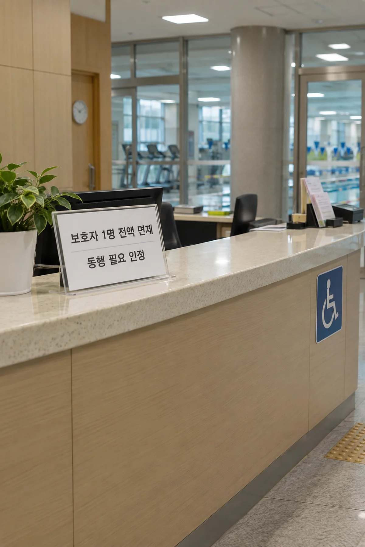 장애인 보호자 1명 전액 면제 조건을 안내하는 접수대