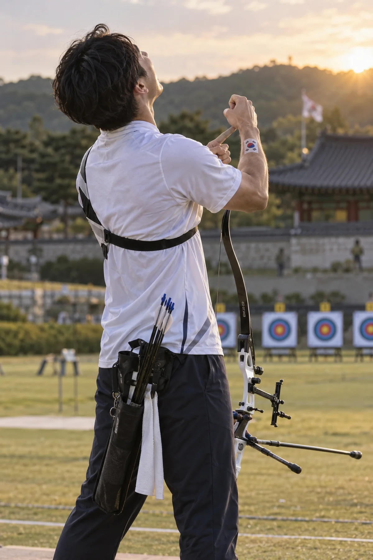 팔뚝의 태극기 패치를 가리키며 활을 든 양궁 선수의 뒷모습