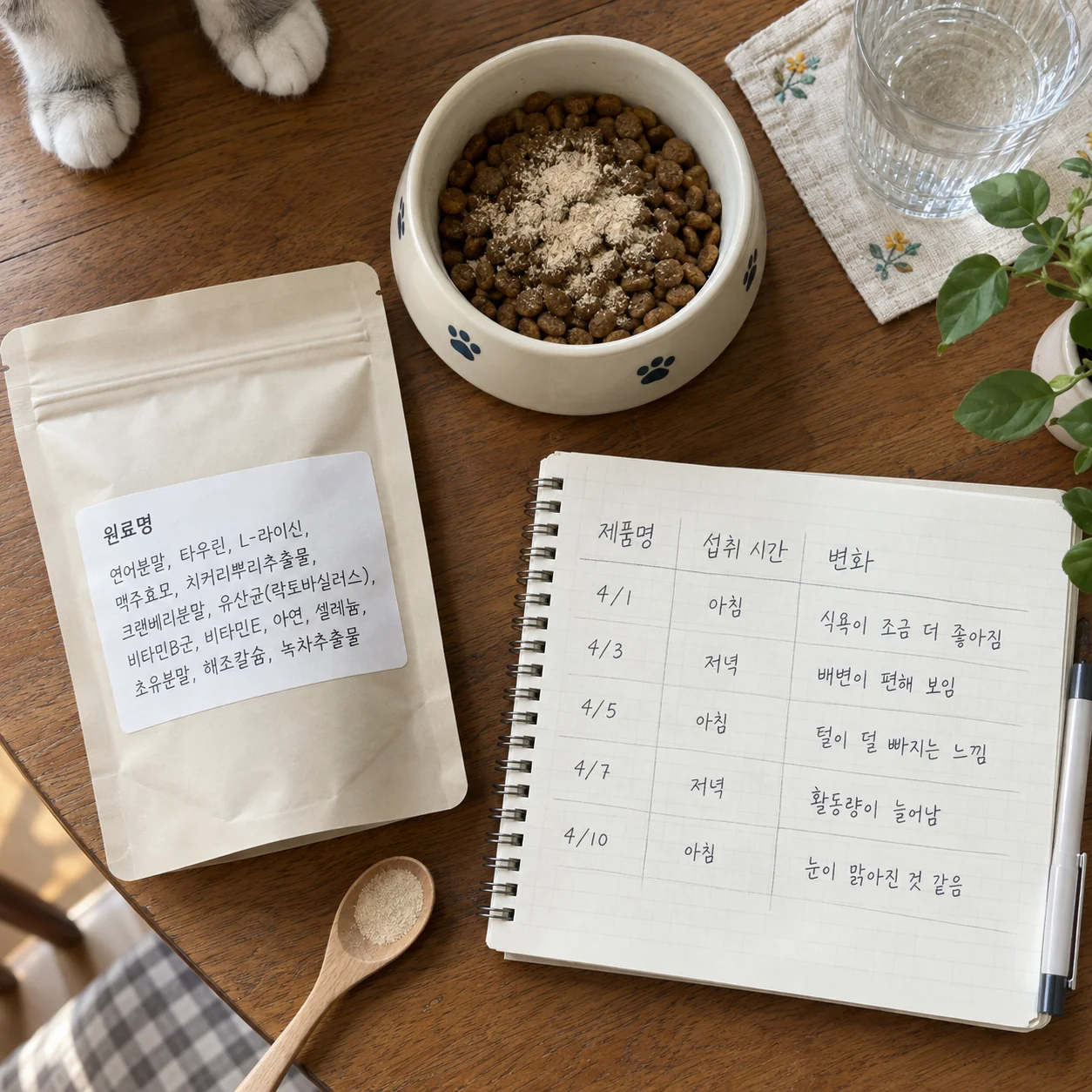 보호자가 고양이 섭취 반응을 기록하며 제품 표시를 확인하는 모습