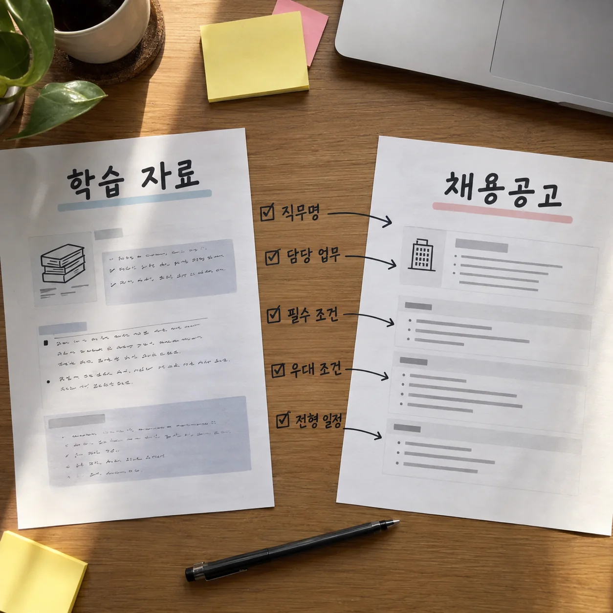 학습 자료와 채용공고의 조건을 항목별로 대조하는 노트