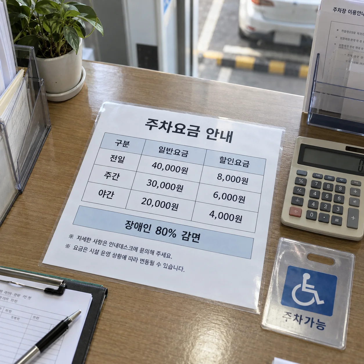 주차 요금과 80퍼센트 감면 후 금액을 적은 안내판