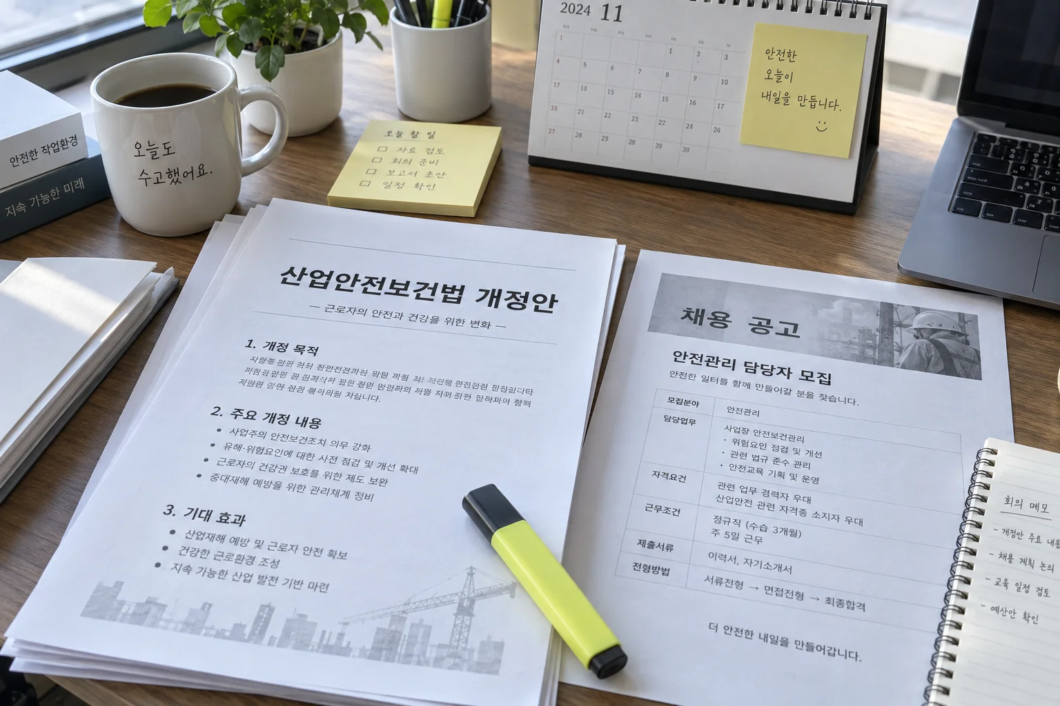 국회 의결 보도자료와 안전직무 채용공고를 나란히 확인하는 책상