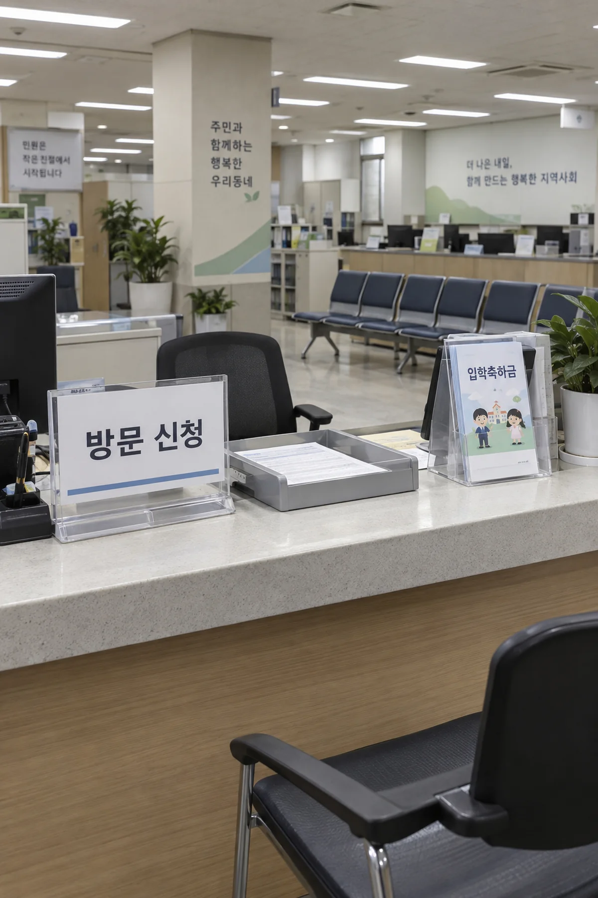 읍면 행정복지센터 방문 신청 창구 앞의 안내 서류