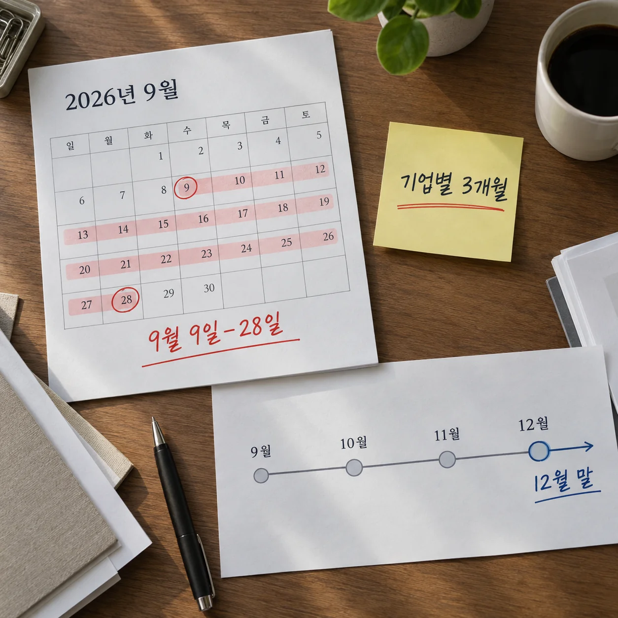 모집기간과 기업별 지원기간을 달력으로 비교한 업무 책상
