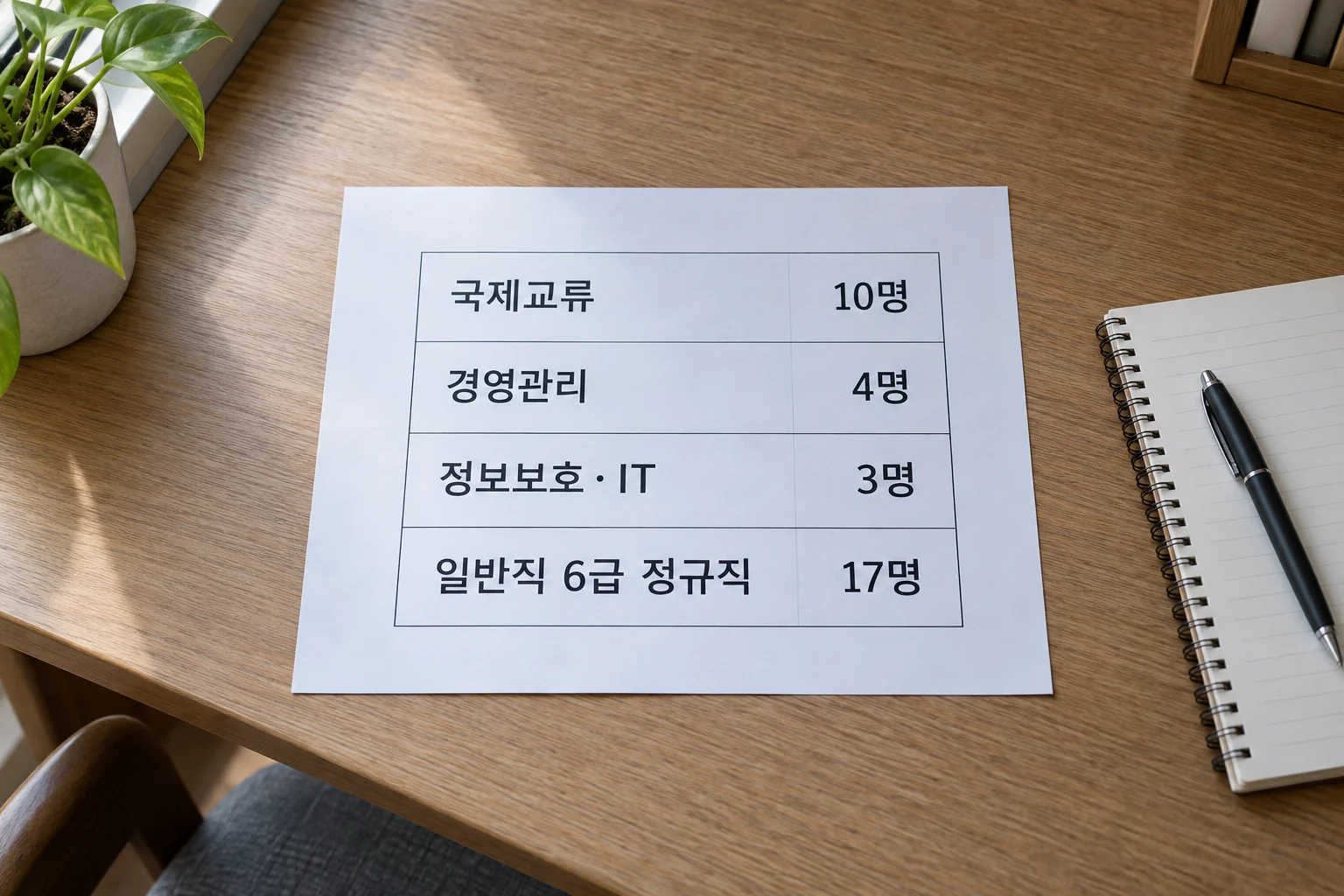 한국국제교류재단 일반직 채용 직무별 인원을 정리한 책상