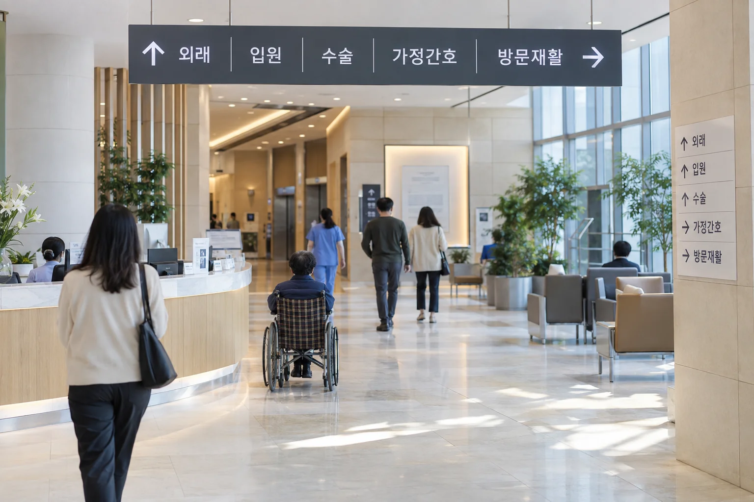 병원 접수 창구와 외래·입원·방문재활 안내가 보이는 모습