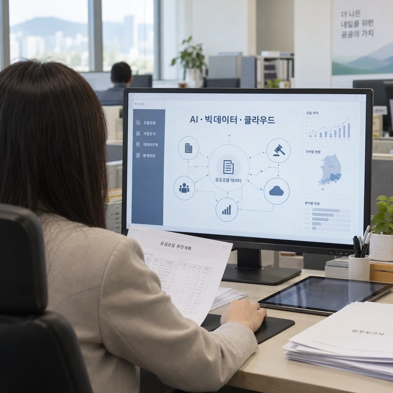 한국 사무실에서 조달 데이터 통합 현황을 살피는 업무 화면