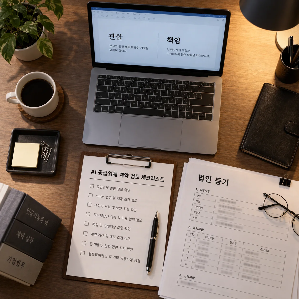 계약 전 공급자 법인과 책임 구조를 검토하는 업무 장면
