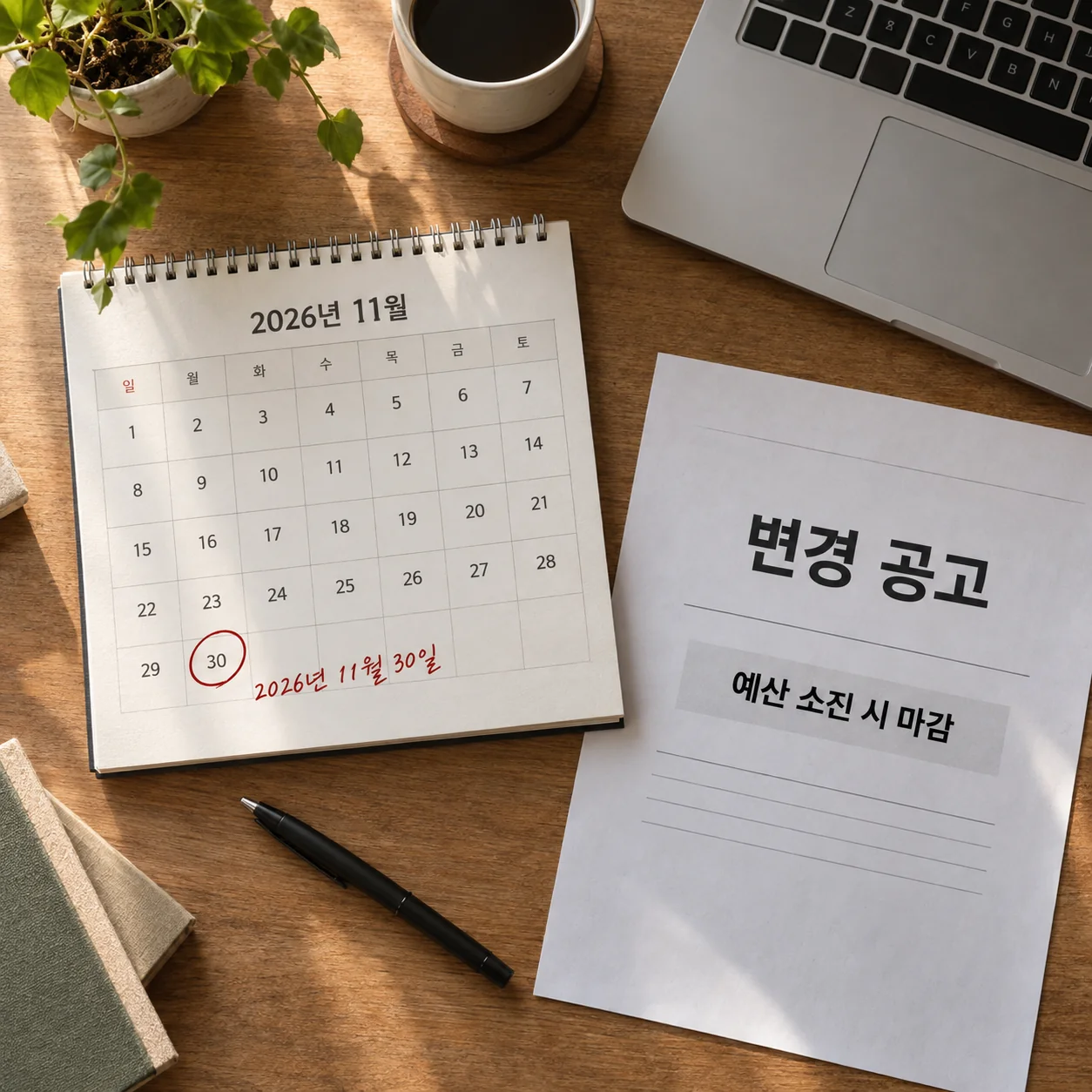 변경된 신청기한과 예산 소진 조건을 확인하는 달력과 서류