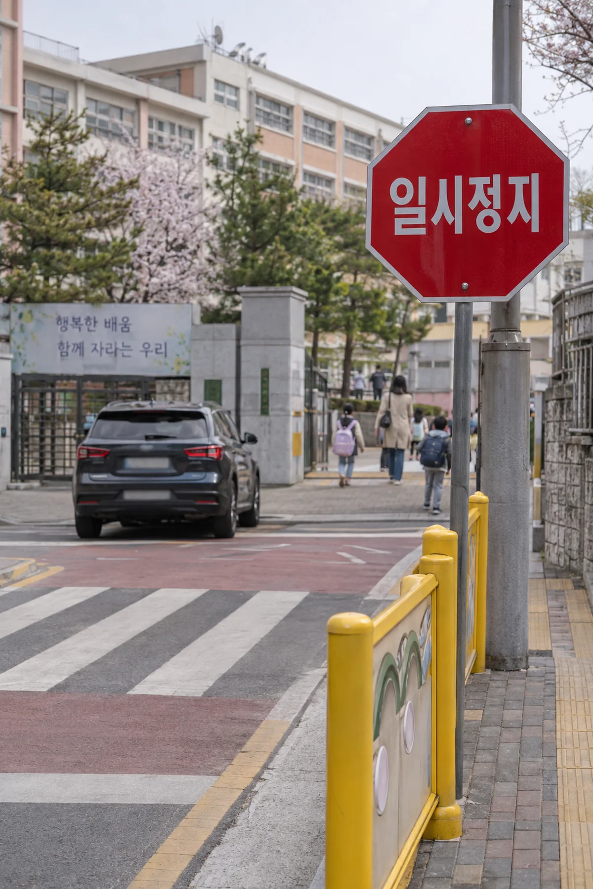 일시정지 표지와 방호울타리가 설치된 학교 앞 보행로