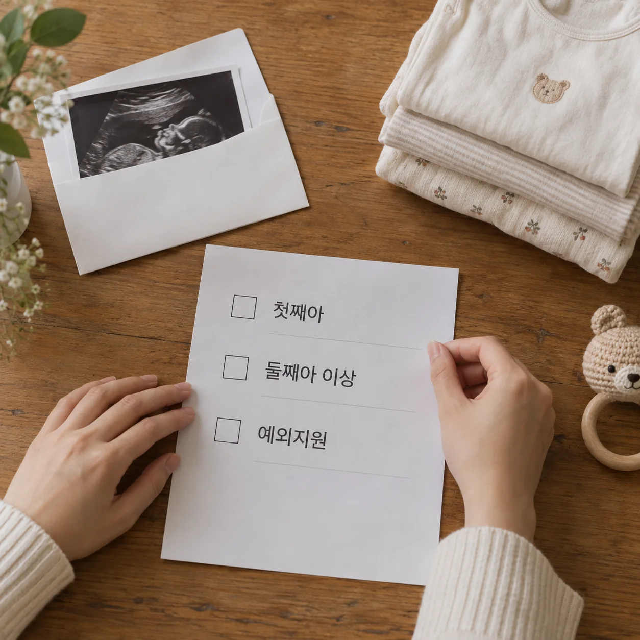 출산 순서별 예외지원 조건을 정리한 가족의 메모