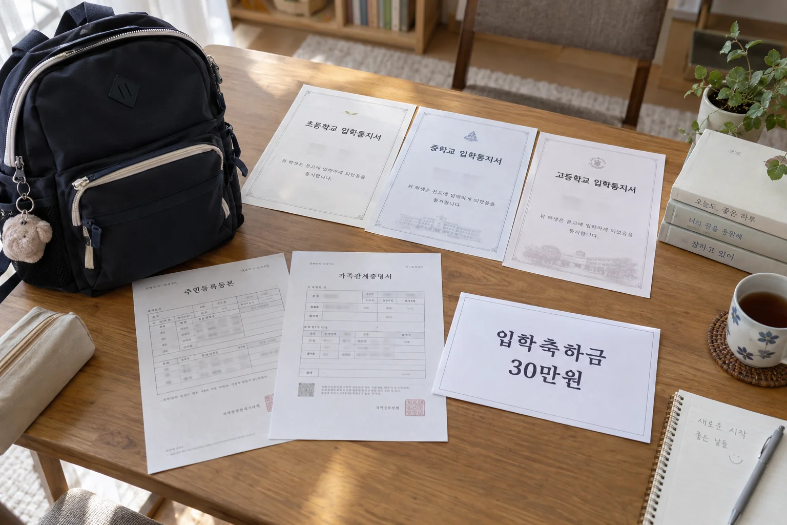 초중고 입학 자녀와 30만원 지원 안내문을 확인하는 가족 서류