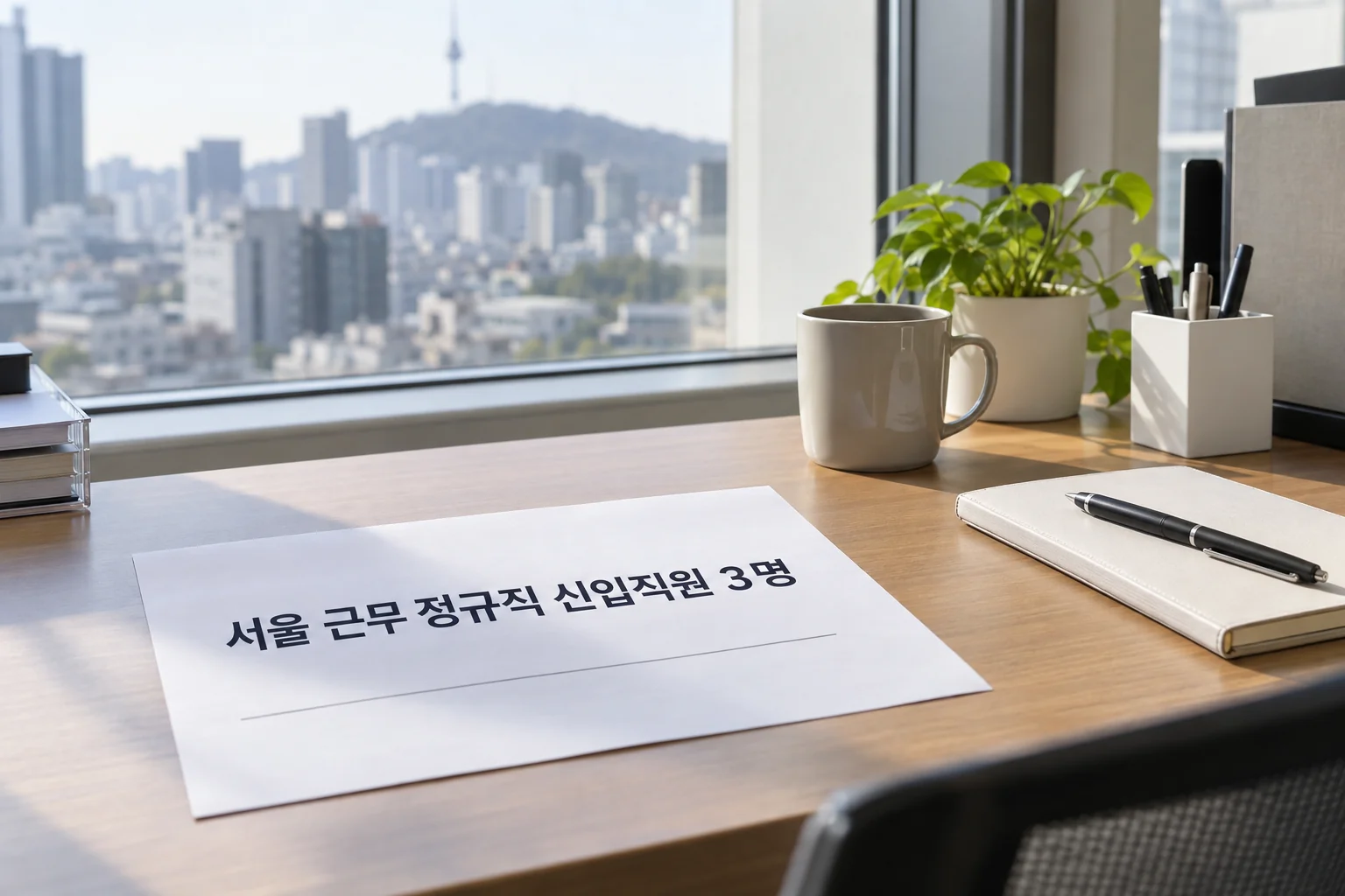 서울 사무실 책상 위에 놓인 정규직 신입 채용 안내문