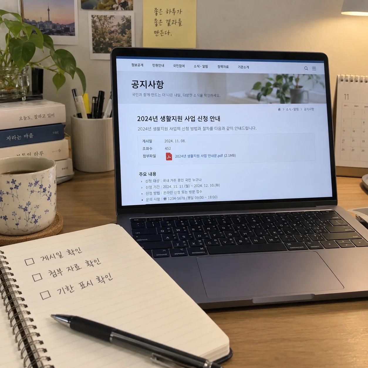 공식 페이지와 첨부 문서를 순서대로 확인하는 노트북 화면