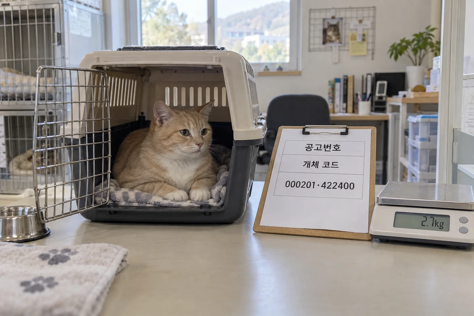 연한 갈색 믹스묘와 공고 식별 정보를 함께 대조하는 장면