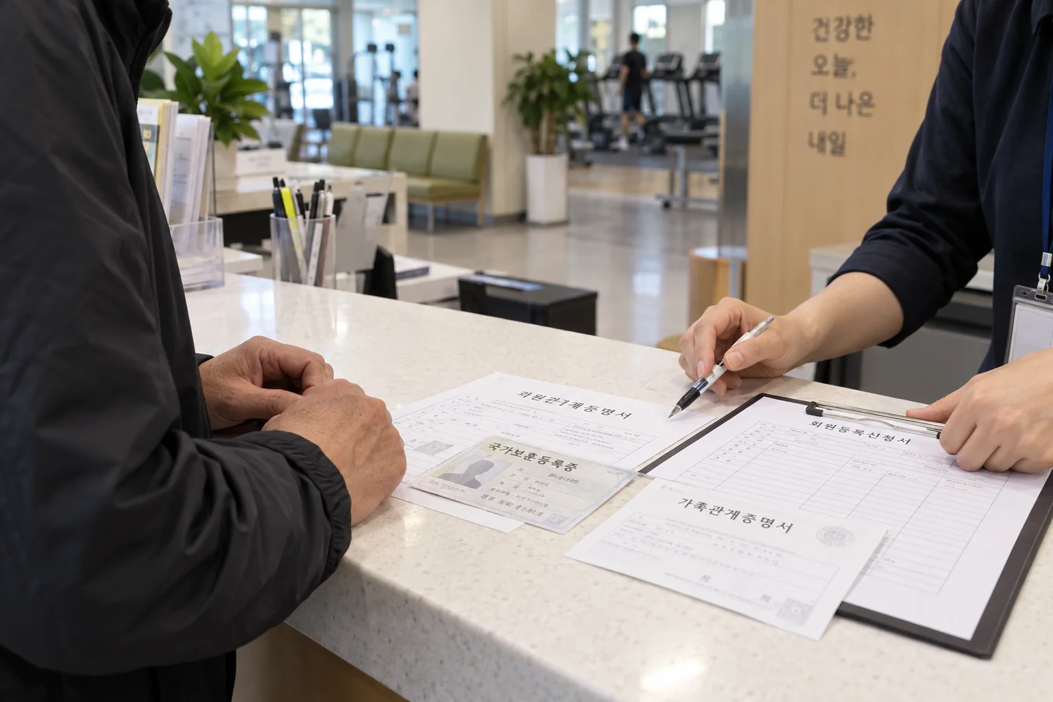 국가보훈등록증과 가족관계증명서를 확인하는 접수 창구