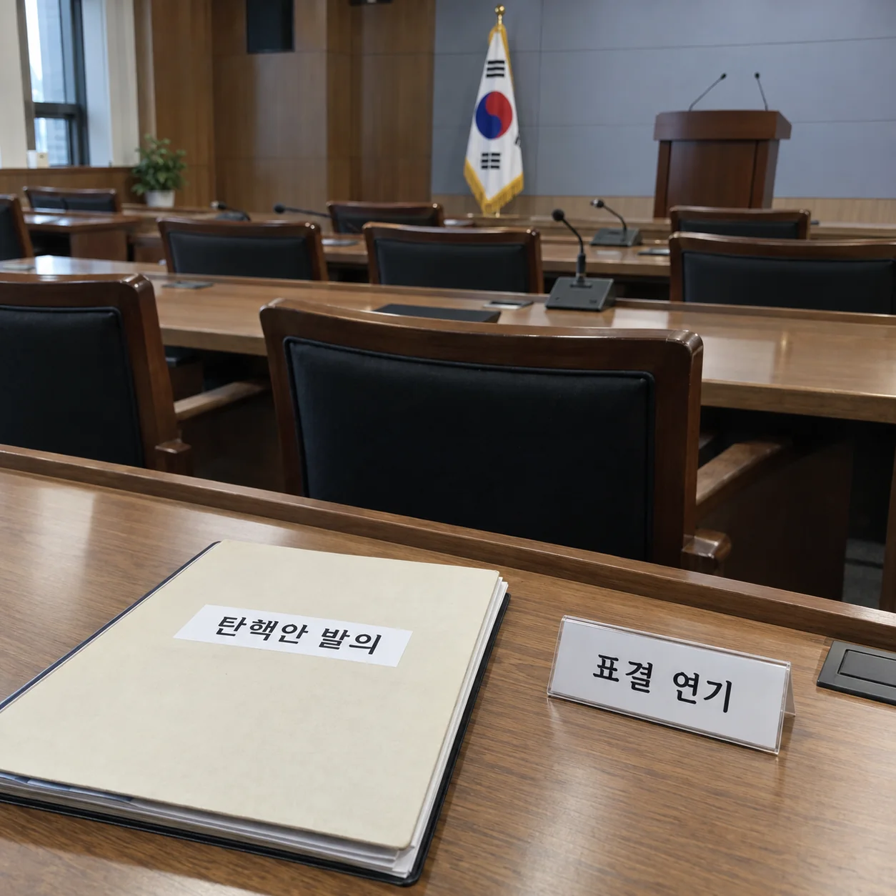 국회 절차 자료와 표결 연기 상태를 보여주는 빈 회의실