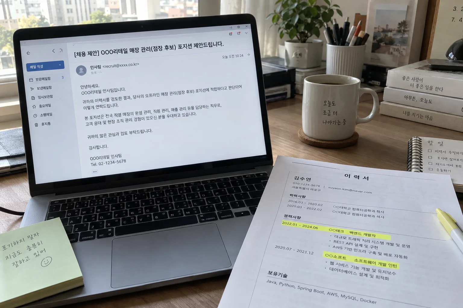 노트북의 채용메일과 이력서 직무 항목을 비교하는 책상