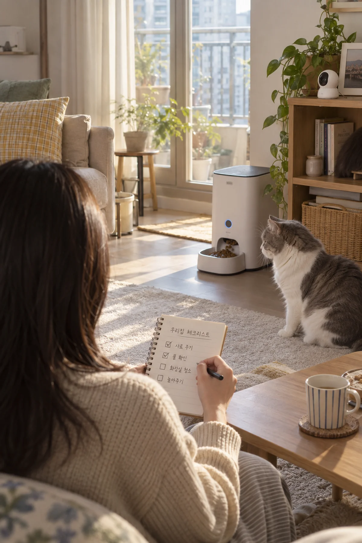 자동 급식기 작동과 고양이 반응을 함께 확인하는 거실