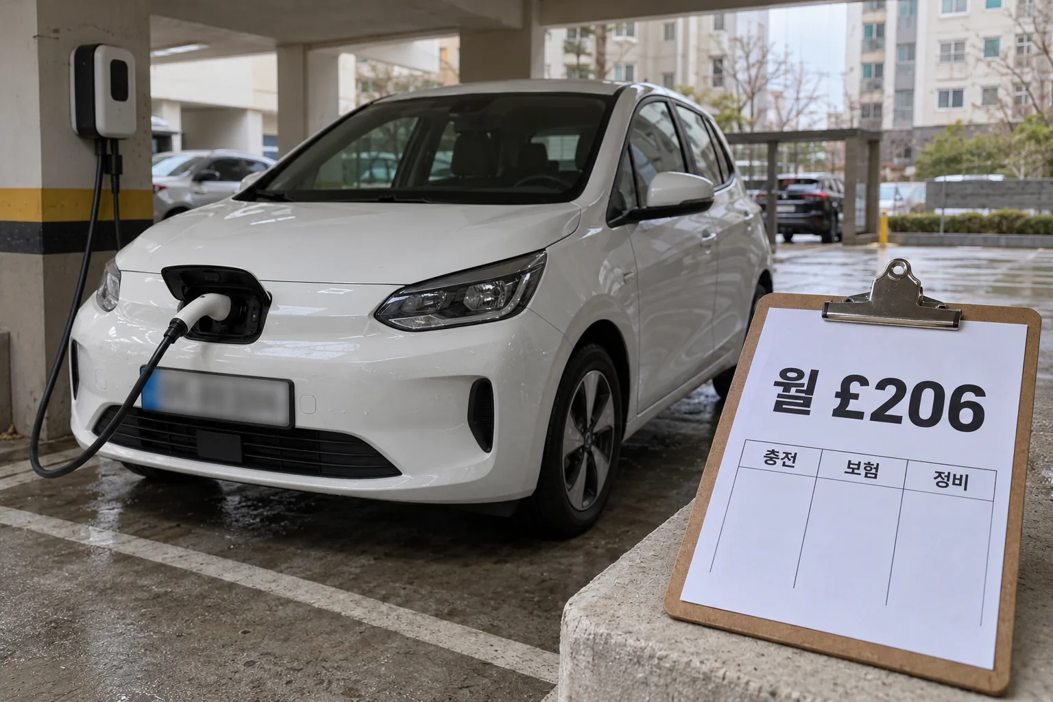 전기차 옆에서 월 납입 조건과 별도 비용 항목을 비교하는 장면