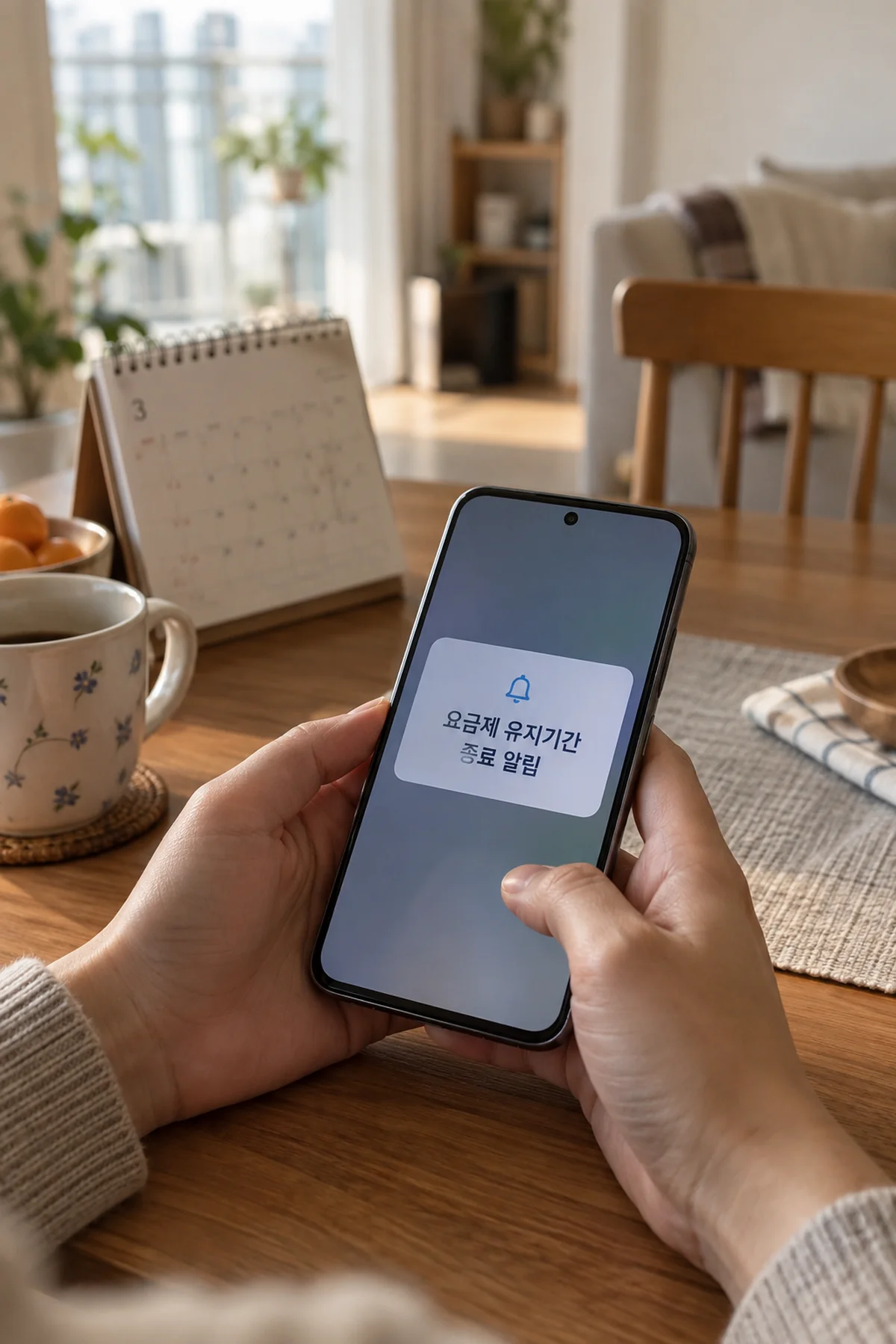 스마트폰 화면의 요금제 유지기간 종료 알림을 확인하는 손