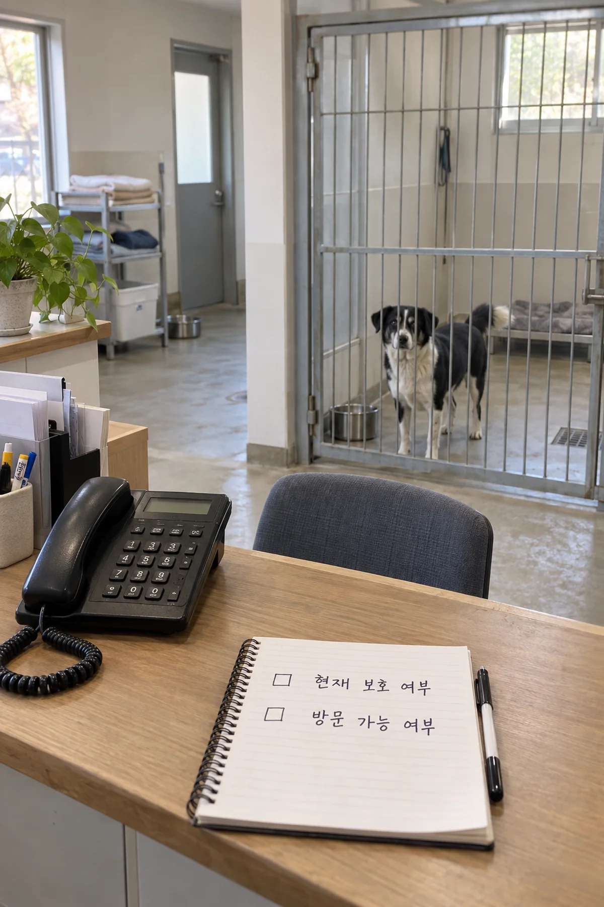 방문 전 보호 상태를 전화로 확인하며 개를 관찰하는 모습