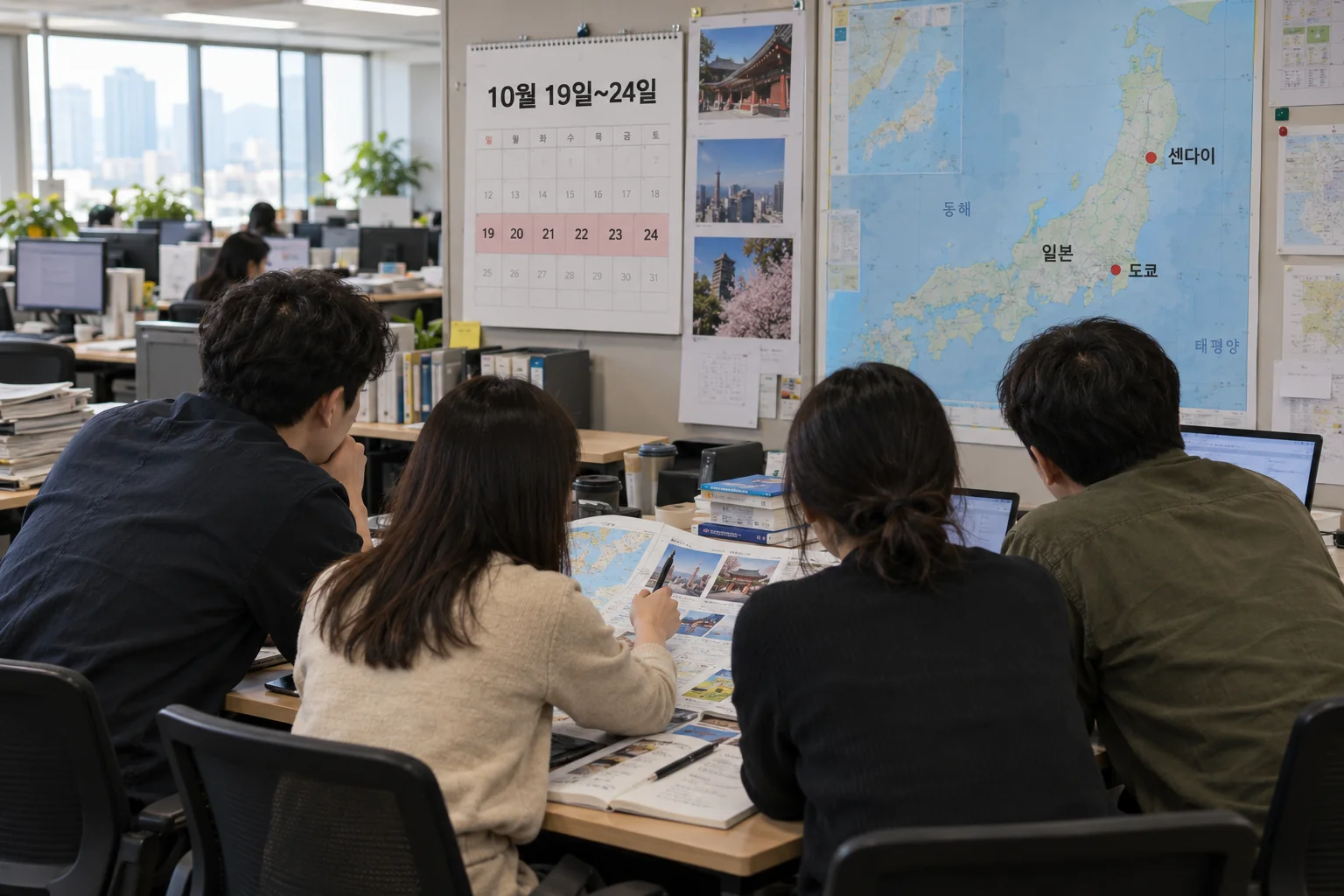도쿄와 센다이 방문 일정을 확인하는 한국 기자단의 여행 준비 장면