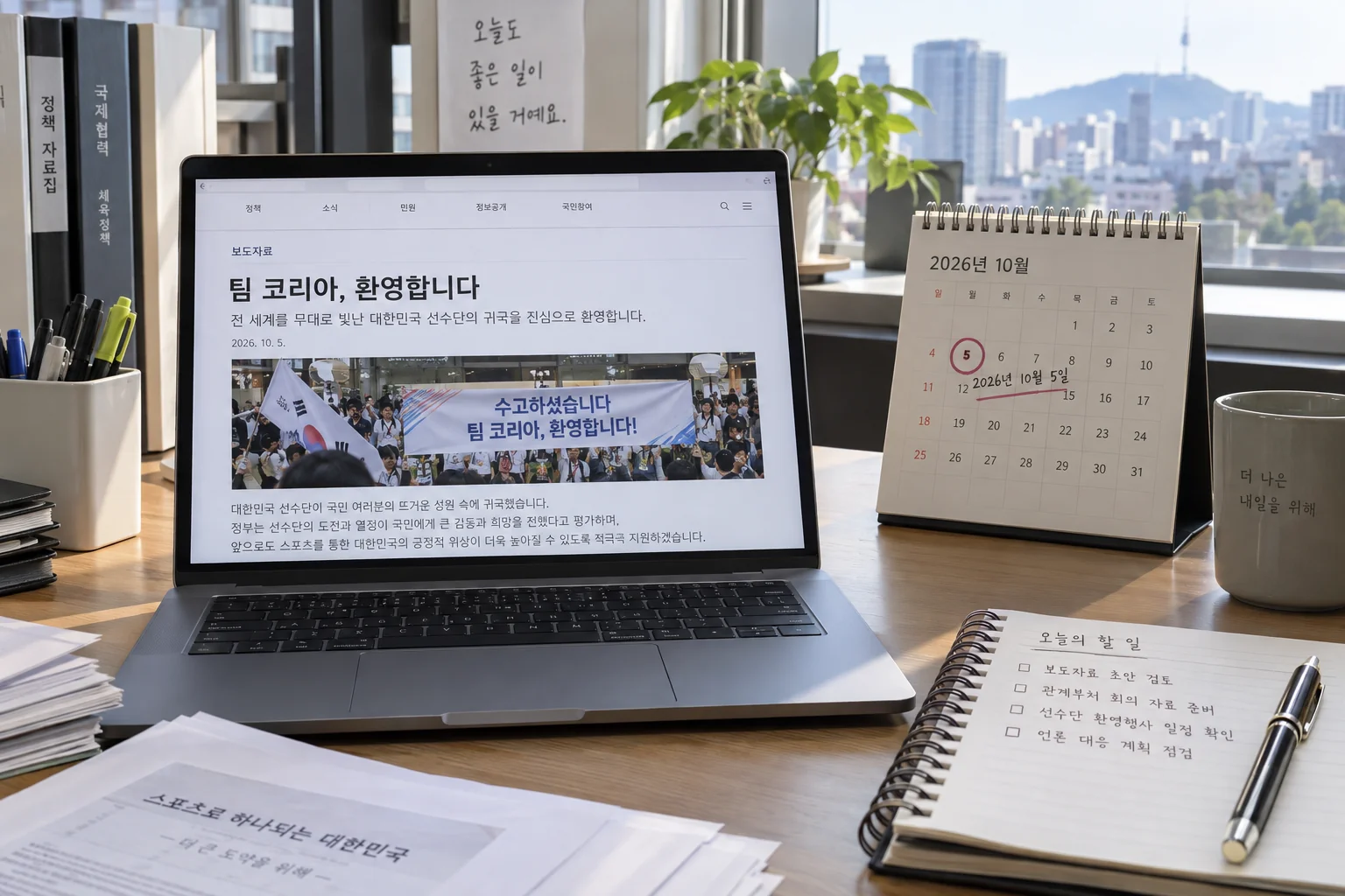 귀국 환영 보도자료를 확인하는 책상 위의 한국어 문서와 달력