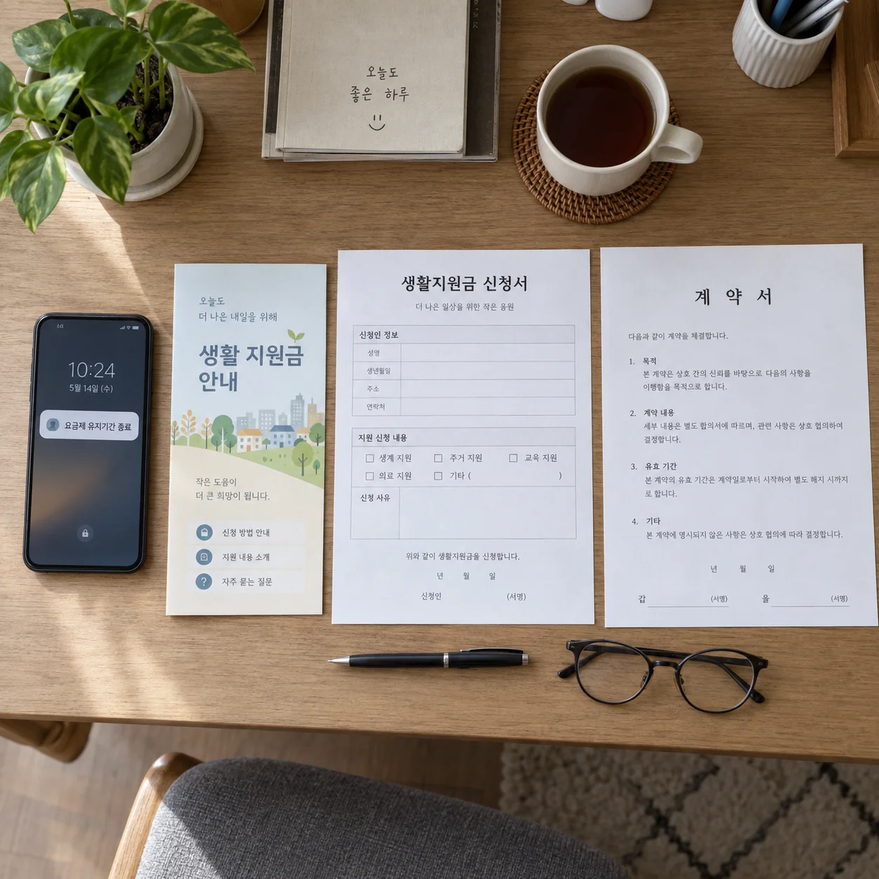 광고와 계약서, 유지기간 알림을 순서대로 확인하는 책상