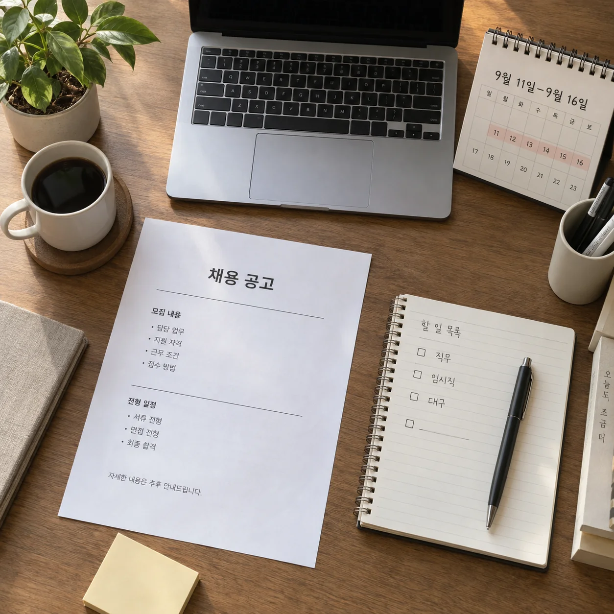 임시직 채용 조건을 항목별로 비교하는 책상 위 서류