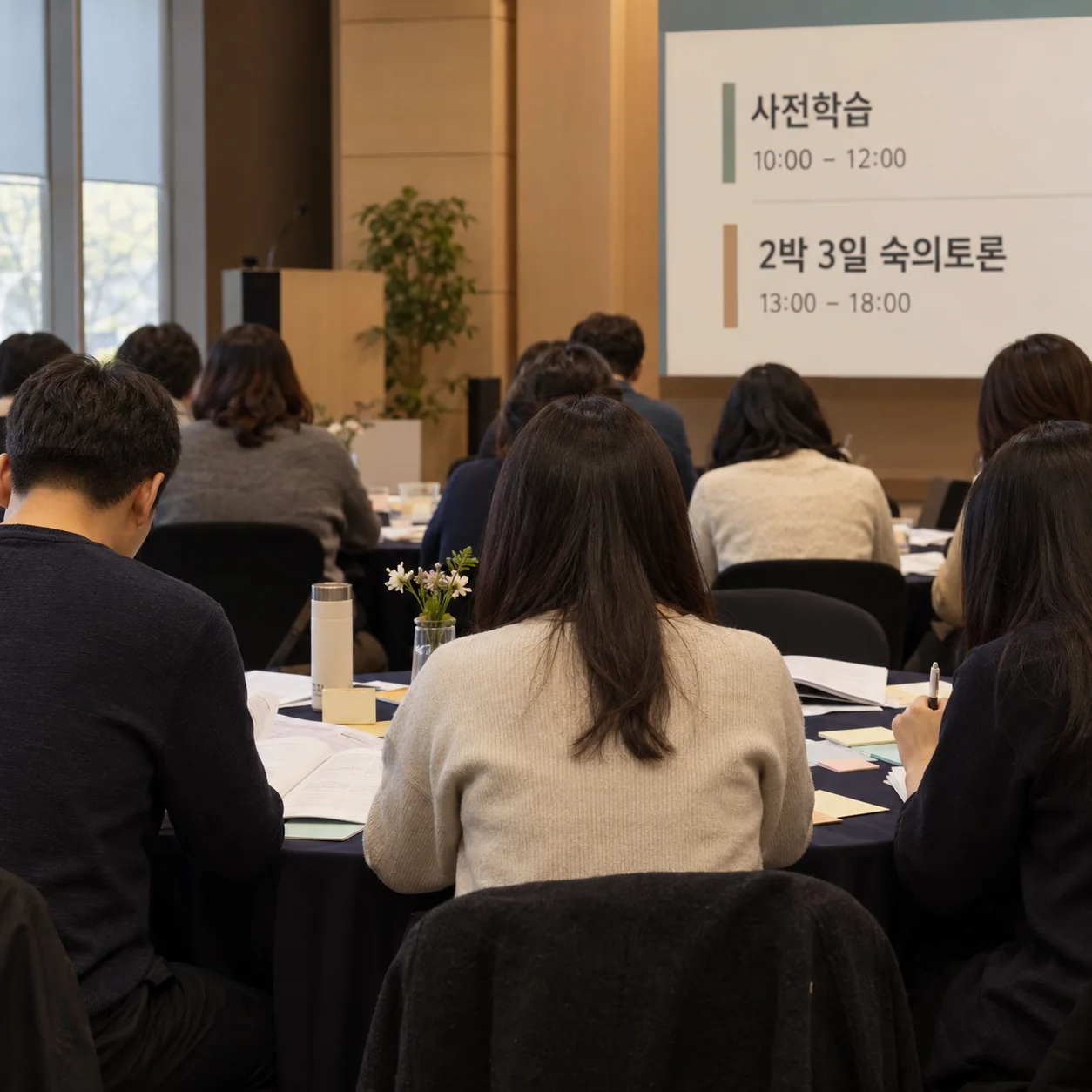 시민참여단이 자료를 보며 원탁 토론을 준비하는 모습