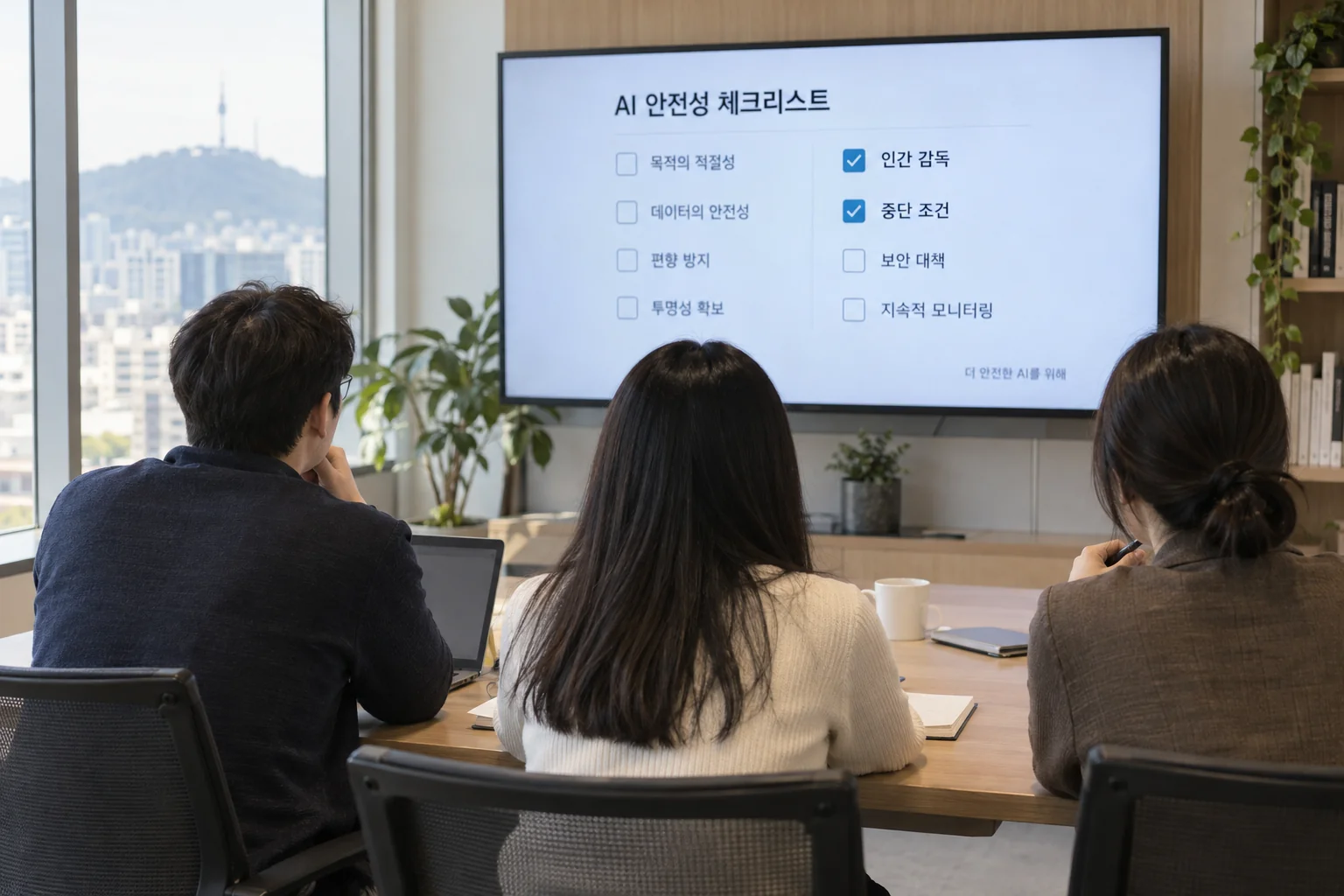 사람의 감독 아래 AI 위험을 점검하는 한국 사무실 회의 장면