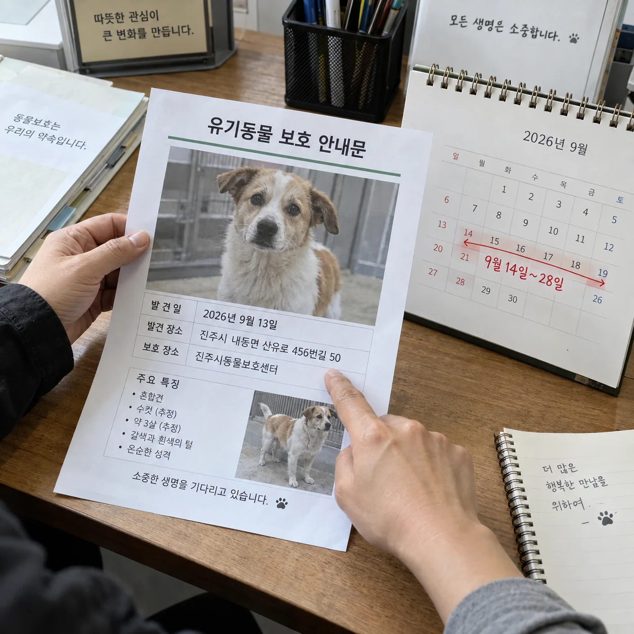 발견 장소와 보호 장소를 대조하는 보호 공고 확인 장면