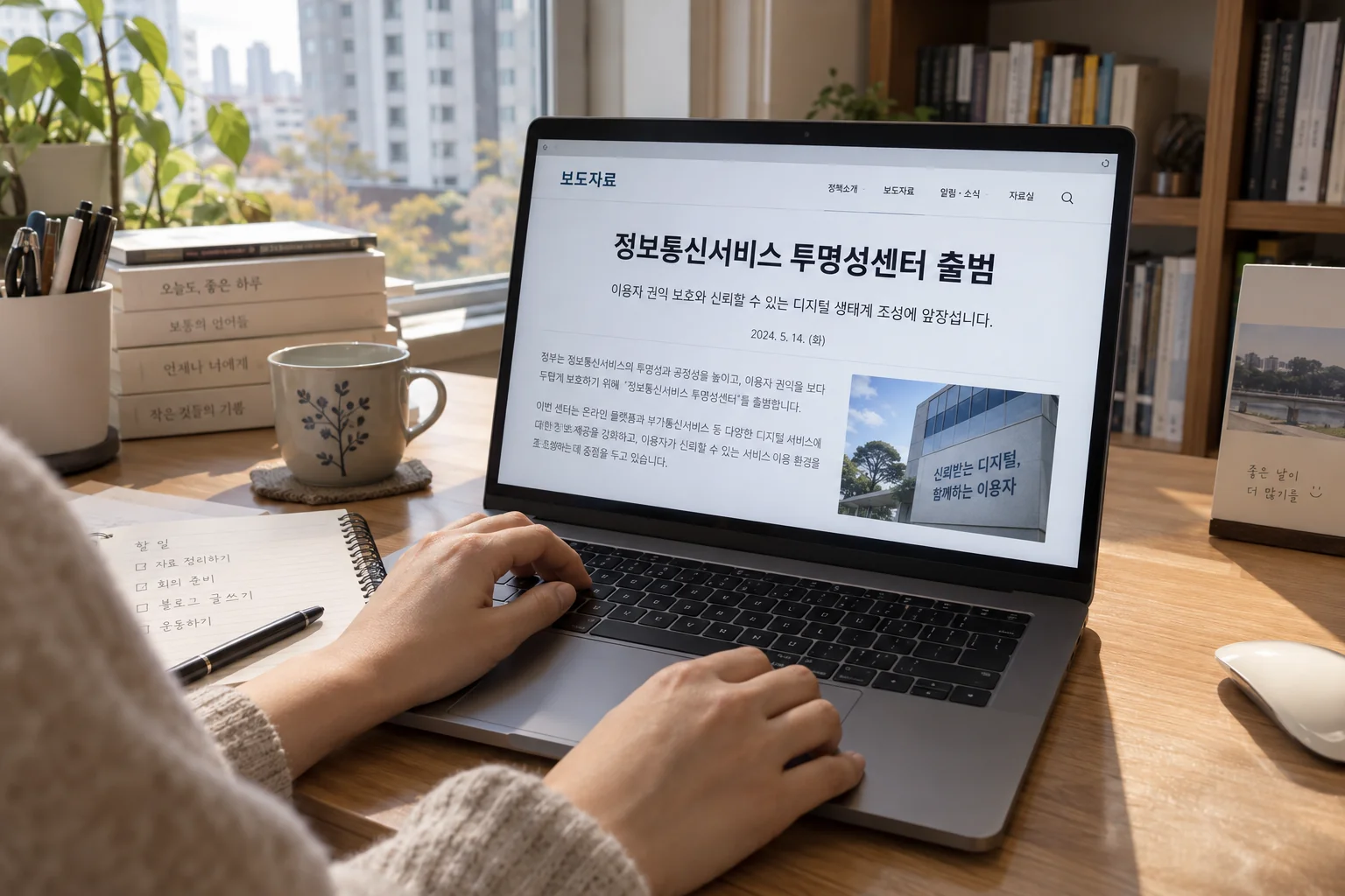 공식 보도자료를 확인하며 투명성센터 출범 내용을 살피는 모습