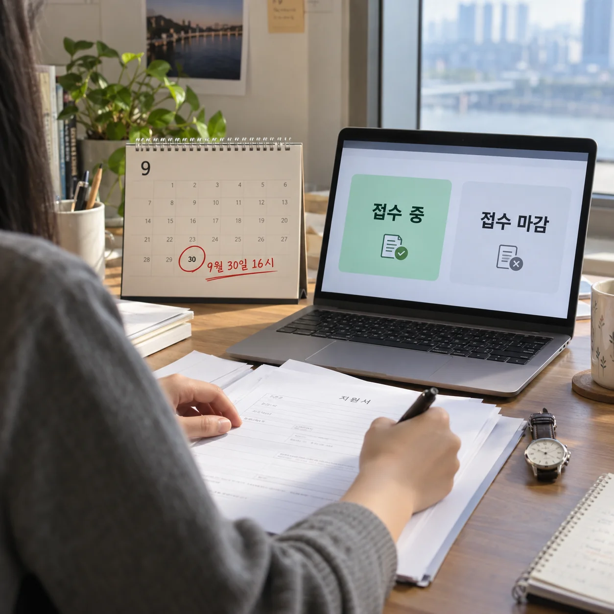 9월 30일 16시 접수 마감 시간을 표시한 달력과 노트북