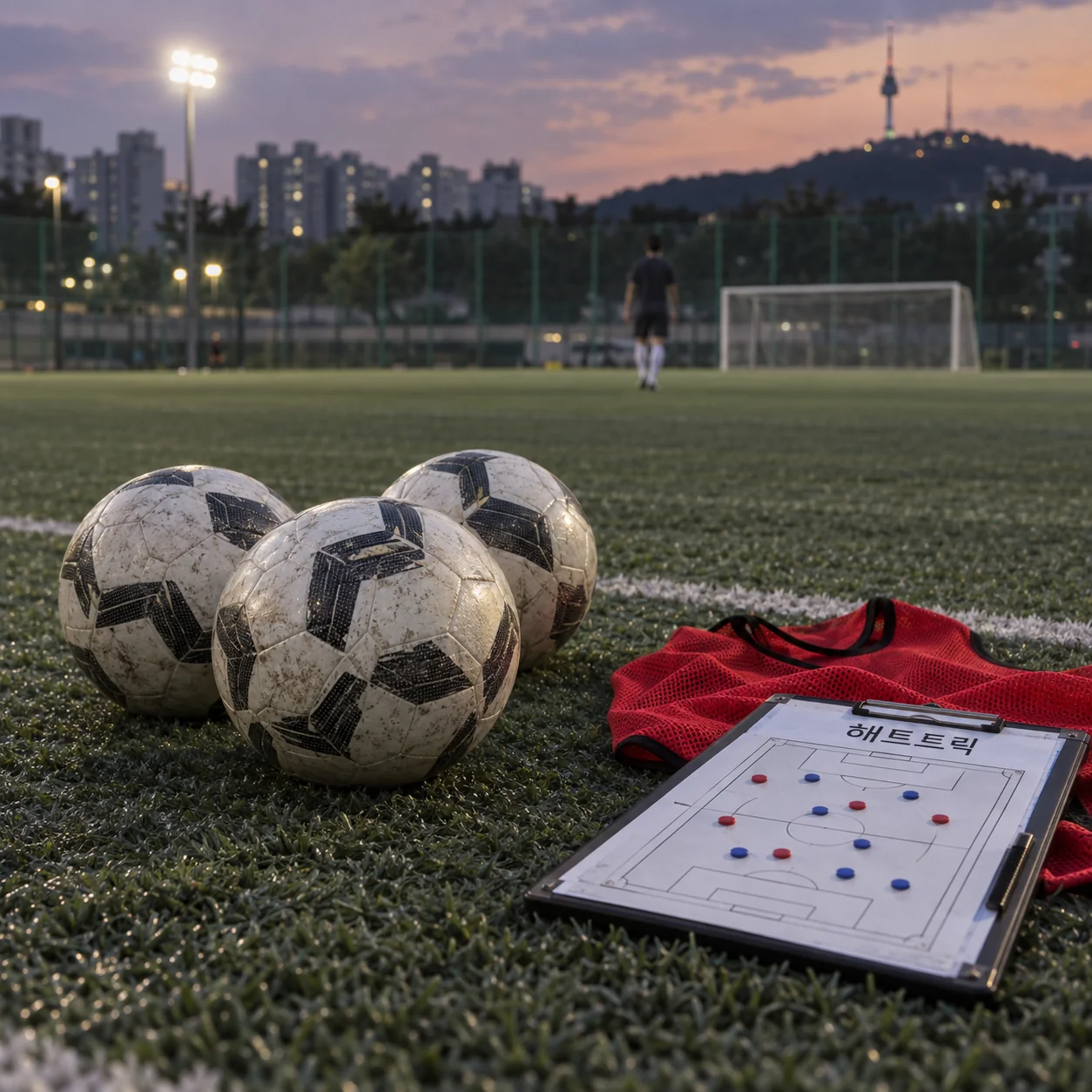 세 골 기록을 상징하는 축구공 세 개와 경기장 장면