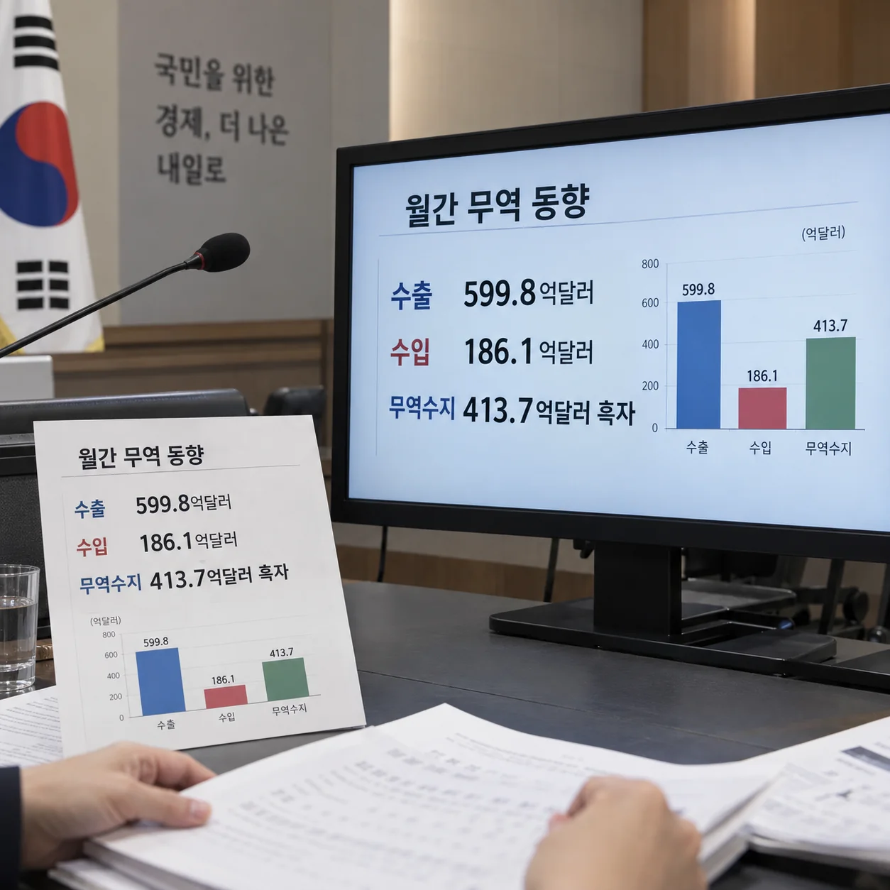 수출과 수입 수치를 비교한 한국 사무실의 무역수지 보고 화면
