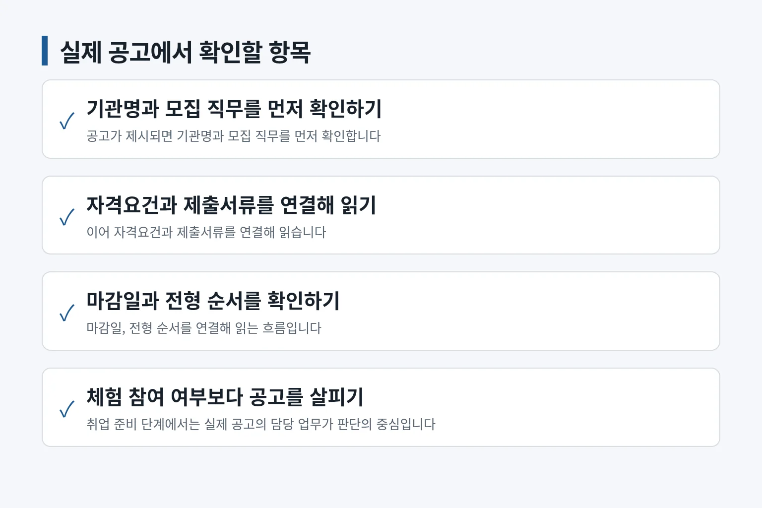 진로체험과 채용공고에서 확인할 내용을 구분한 체크리스트