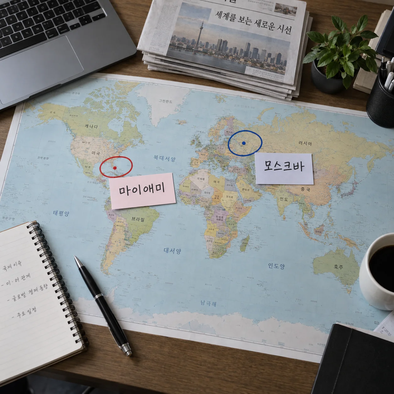 마이애미와 모스크바의 다른 회담 장소를 비교한 지도